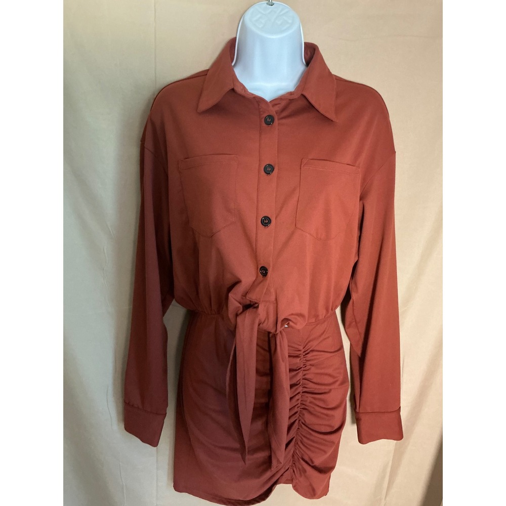 Halara Shirt Dress Womens Small Rust Orange Excellent Ruched Tie Front Mini